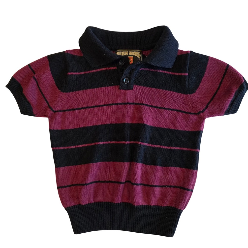 Charlie Browns Kids Striped Knit Polo Shirt Burgundy Black Short Sleeve Sweater